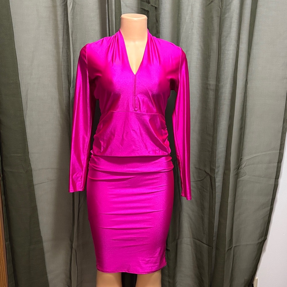 Women's Fuchsia Satin Pencil Skirt Set